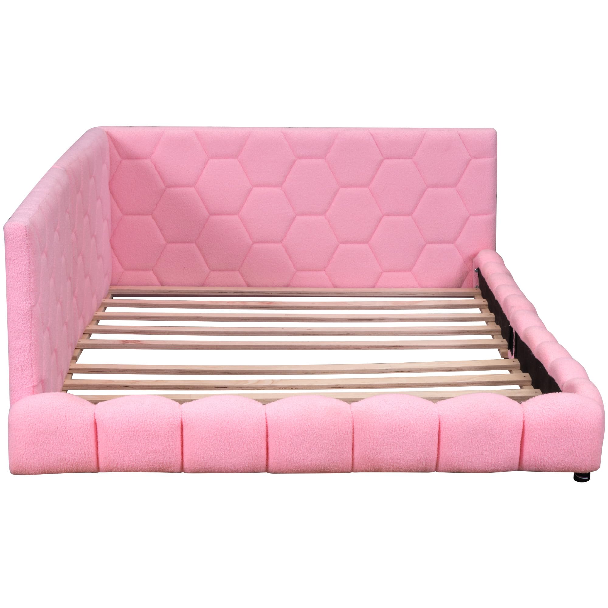 QVUUOU Upholstered Platform Bed Daybed with USB Ports and LED Lights Belt, Full Size Wood Bed Frame for Bedroom Furniture, Teddy Upholstered Bed Multifunctional Bed Floor Bed Grounded Bed (Pink)