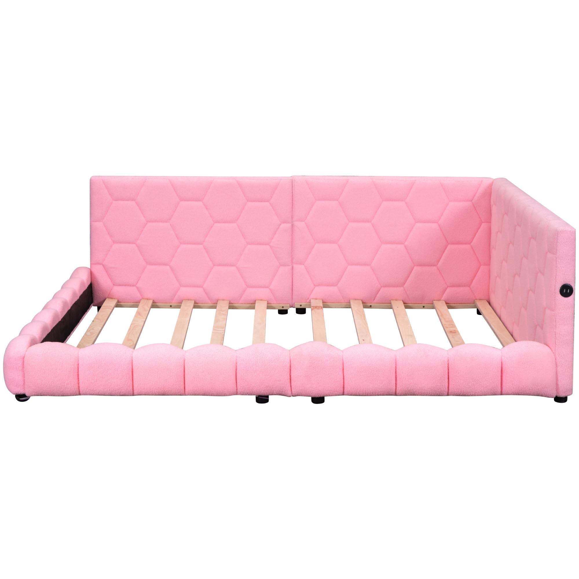 QVUUOU Upholstered Platform Bed Daybed with USB Ports and LED Lights Belt, Full Size Wood Bed Frame for Bedroom Furniture, Teddy Upholstered Bed Multifunctional Bed Floor Bed Grounded Bed (Pink)