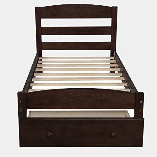 HZXINKEDZSW Twin Size Classic Platform Bed with Storage Drawer and Headboard, Wooden Bed Frame with Slat Support for Kids,Teens,Adults,Girls,Boys Bedroom (Espresso-03)