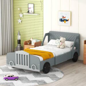 bedgjh twin size bed frame for kids, classic car-shaped platform bed with wheels, floor bed frame, sturdy wooden slats, no box spring needed, easy assembly (gray, twin)