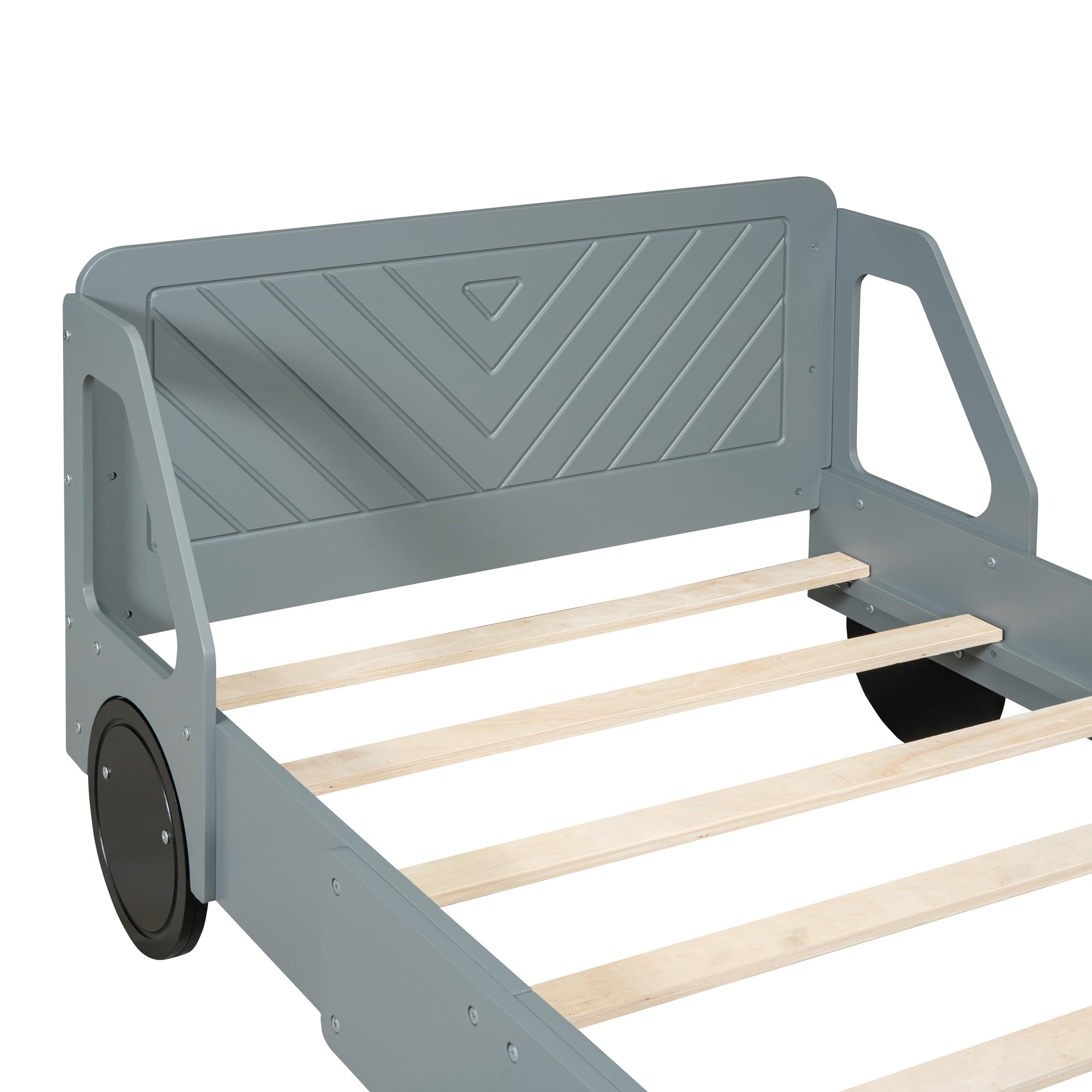 BEDGJH Twin Size Bed Frame for Kids, Classic Car-Shaped Platform Bed with Wheels, Floor Bed Frame, Sturdy Wooden Slats, No Box Spring Needed, Easy Assembly (Gray, Twin)