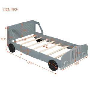 BEDGJH Twin Size Bed Frame for Kids, Classic Car-Shaped Platform Bed with Wheels, Floor Bed Frame, Sturdy Wooden Slats, No Box Spring Needed, Easy Assembly (Gray, Twin)