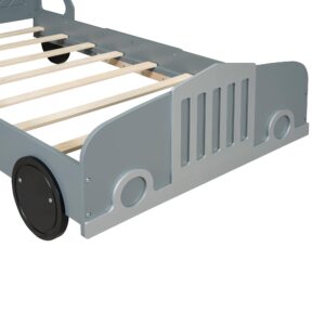 BEDGJH Twin Size Bed Frame for Kids, Classic Car-Shaped Platform Bed with Wheels, Floor Bed Frame, Sturdy Wooden Slats, No Box Spring Needed, Easy Assembly (Gray, Twin)