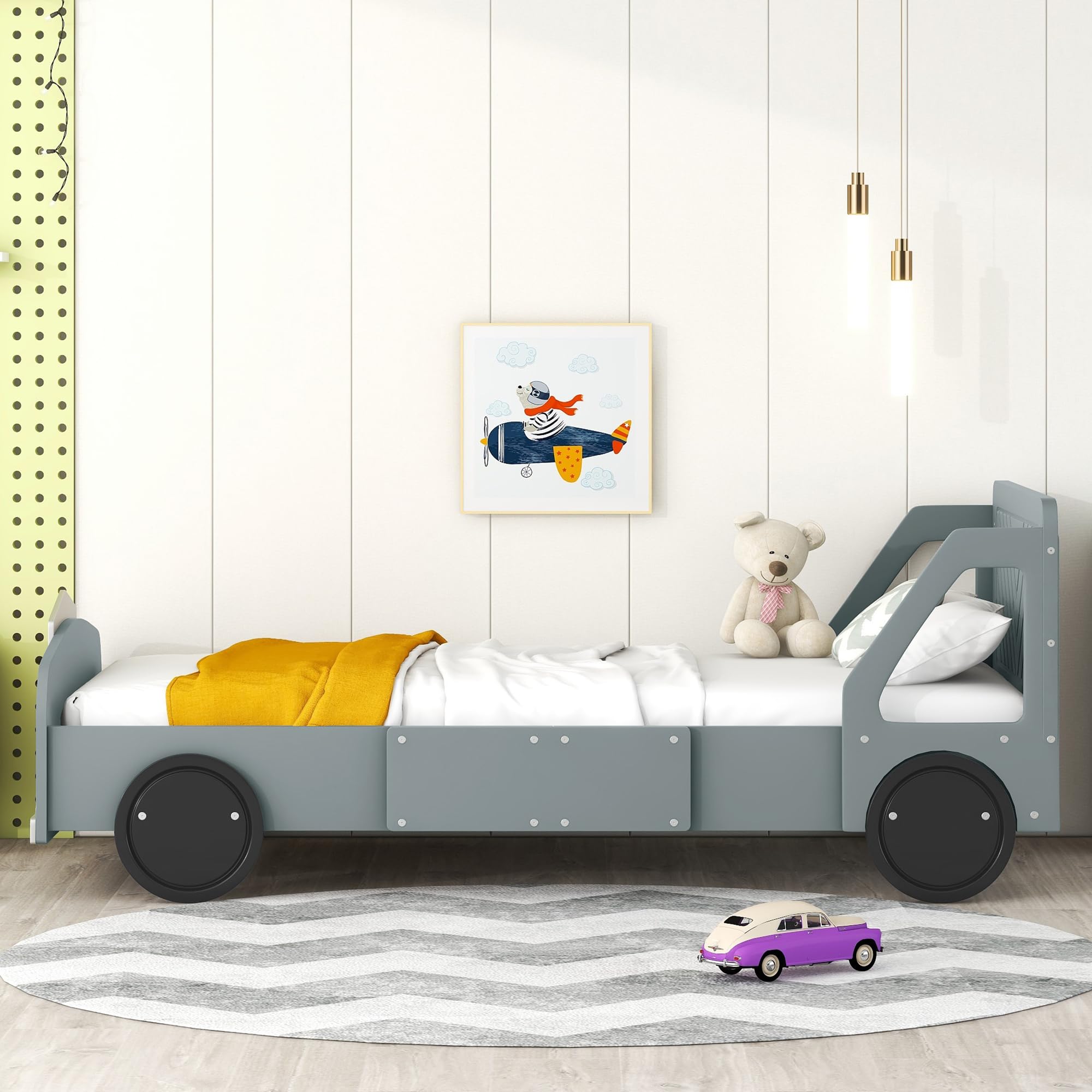 BEDGJH Twin Size Bed Frame for Kids, Classic Car-Shaped Platform Bed with Wheels, Floor Bed Frame, Sturdy Wooden Slats, No Box Spring Needed, Easy Assembly (Gray, Twin)