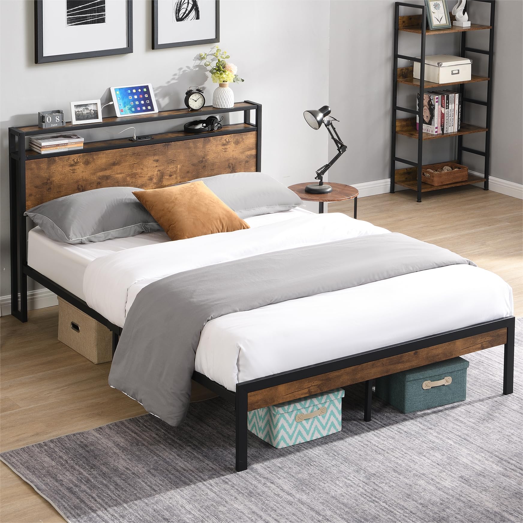 QKFF Full Size Bed Frame, Metal Bed Frame with Wooden Storage Headboard Outlet & USB Port, Solid and Stable, Noise Free, No Box Spring Needed (Full)