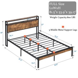 QKFF Full Size Bed Frame, Metal Bed Frame with Wooden Storage Headboard Outlet & USB Port, Solid and Stable, Noise Free, No Box Spring Needed (Full)