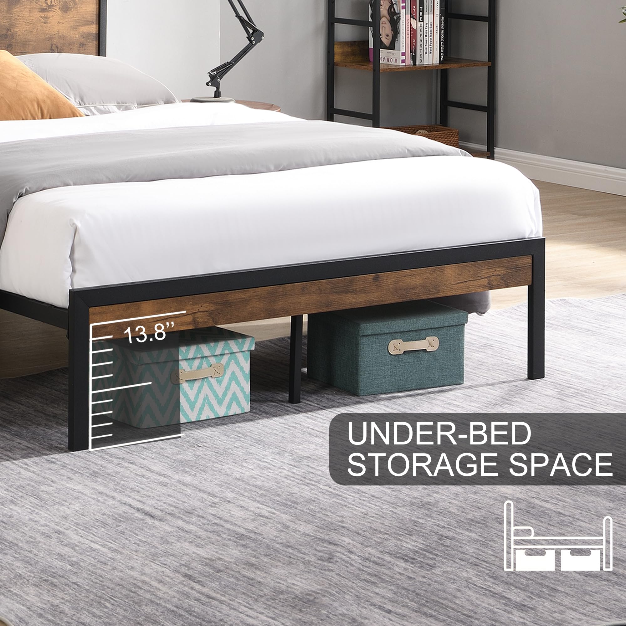 QKFF Full Size Bed Frame, Metal Bed Frame with Wooden Storage Headboard Outlet & USB Port, Solid and Stable, Noise Free, No Box Spring Needed (Full)