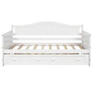 Twin Size Daybed Sofa Beds and Trundle Daybed,Simplicity Twin Platform Bed,Solid Wood Slat Support,Dual-use Sturdy Sofa Bed,No Box Spring Needed,for Living Room,Guest Room,Children Room (White)