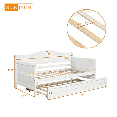 Twin Size Daybed Sofa Beds and Trundle Daybed,Simplicity Twin Platform Bed,Solid Wood Slat Support,Dual-use Sturdy Sofa Bed,No Box Spring Needed,for Living Room,Guest Room,Children Room (White)