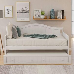 Twin Size Daybed Sofa Beds and Trundle Daybed,Simplicity Twin Platform Bed,Solid Wood Slat Support,Dual-use Sturdy Sofa Bed,No Box Spring Needed,for Living Room,Guest Room,Children Room (White)