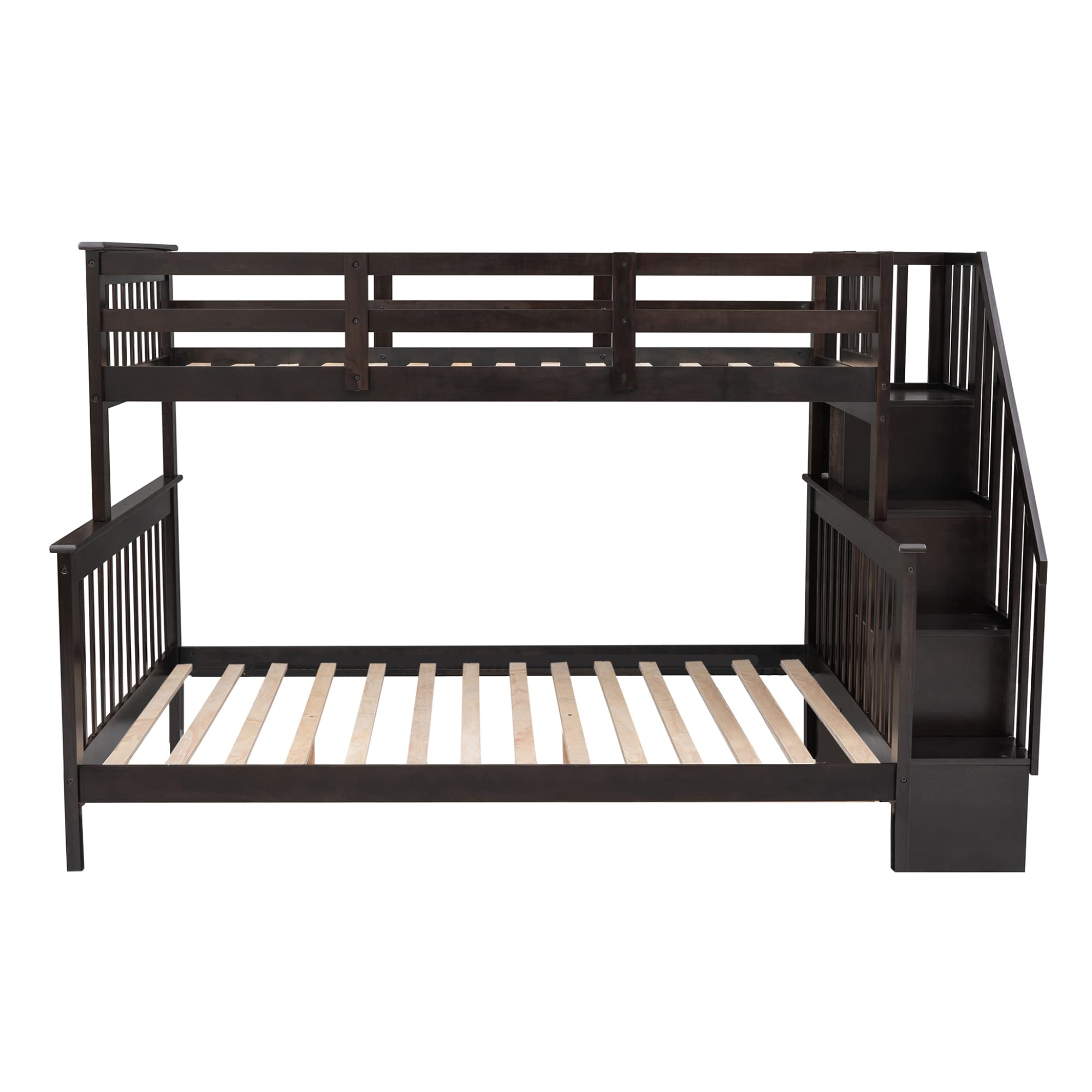 Tidyard Stairway Twin-Over-Full Bunk Bed with Storage and Guard Rail Espresso Color Platform Bed Frame, Easy Assembly, No Box Spring Needed for Dorm, Bedroom, Guest Room