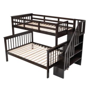 Tidyard Stairway Twin-Over-Full Bunk Bed with Storage and Guard Rail Espresso Color Platform Bed Frame, Easy Assembly, No Box Spring Needed for Dorm, Bedroom, Guest Room