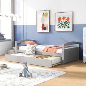 rhomtree twin size daybed with trundle, bed with headboard, wood bed frame, platform bed with solid construction, no box spring needed(gray, twin)