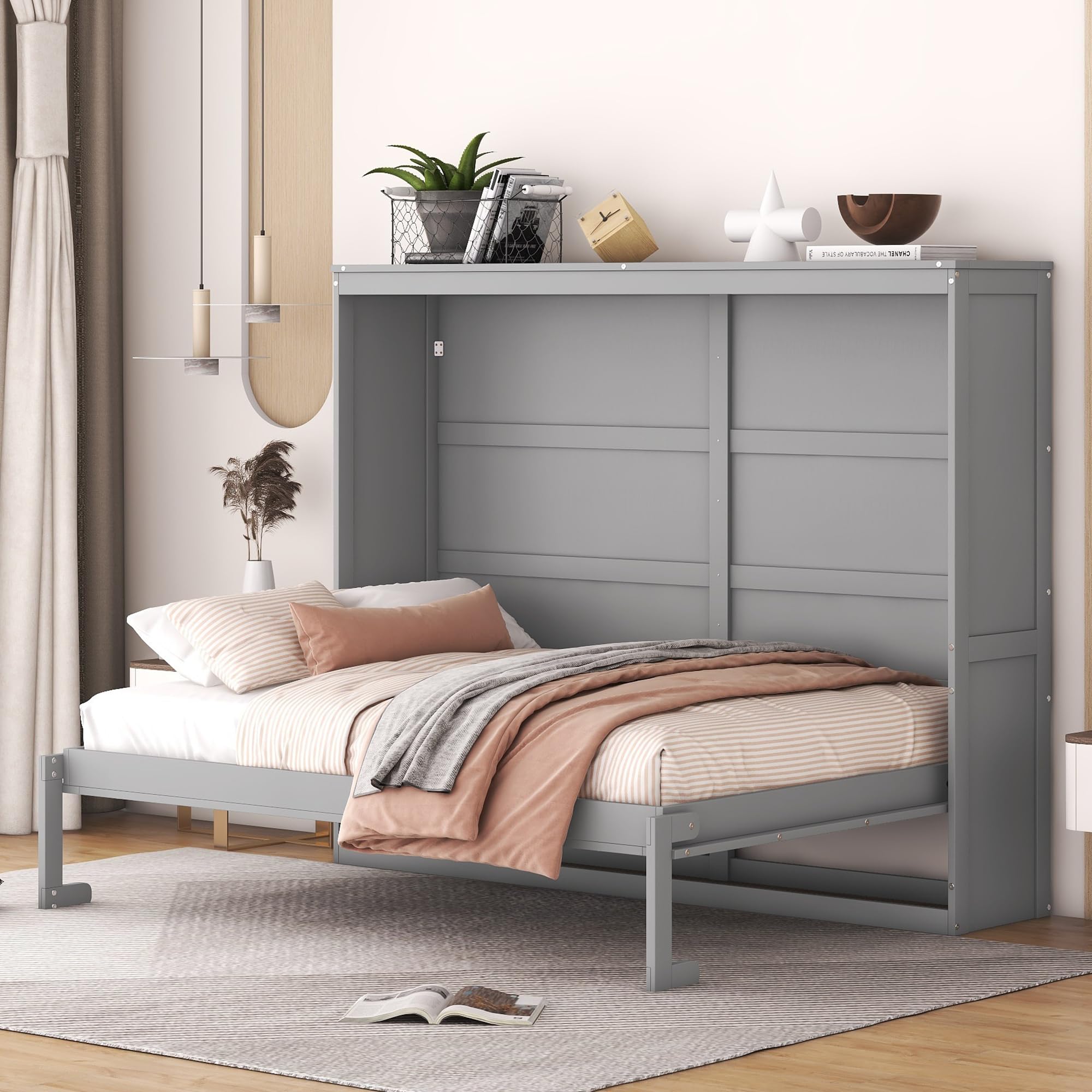 Murphy Bed Wall Bed Chest Versatility Bed, Full Size Wood Murphy Bed Wall Bed Frame, Foldable Platform Bed Folded into Cabinet, Space Saving, Suitable for Guest bedrooms and Offices (Grey@F*)