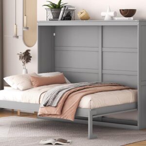 Murphy Bed Wall Bed Chest Versatility Bed, Full Size Wood Murphy Bed Wall Bed Frame, Foldable Platform Bed Folded into Cabinet, Space Saving, Suitable for Guest bedrooms and Offices (Grey@F*)