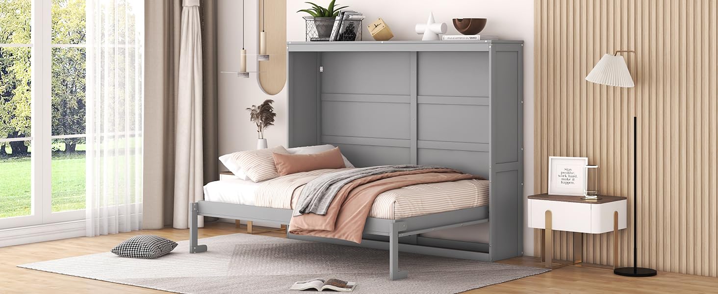 Murphy Bed Wall Bed Chest Versatility Bed, Full Size Wood Murphy Bed Wall Bed Frame, Foldable Platform Bed Folded into Cabinet, Space Saving, Suitable for Guest bedrooms and Offices (Grey@F*)