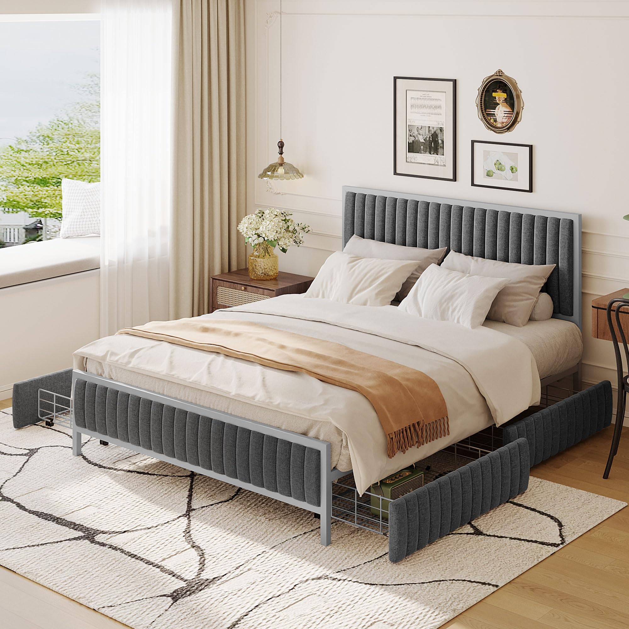 CKLMMC Morden Upholstered Platform Bed Frame with 4 Drawers,Sturdy Built-in Metal Slat Support,Queen Size Platform Bed for Bedroom,Living Room (Gray+Linen Fabric1, Queen)