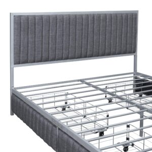 CKLMMC Morden Upholstered Platform Bed Frame with 4 Drawers,Sturdy Built-in Metal Slat Support,Queen Size Platform Bed for Bedroom,Living Room (Gray+Linen Fabric1, Queen)