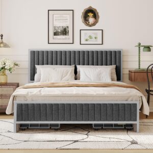 CKLMMC Morden Upholstered Platform Bed Frame with 4 Drawers,Sturdy Built-in Metal Slat Support,Queen Size Platform Bed for Bedroom,Living Room (Gray+Linen Fabric1, Queen)
