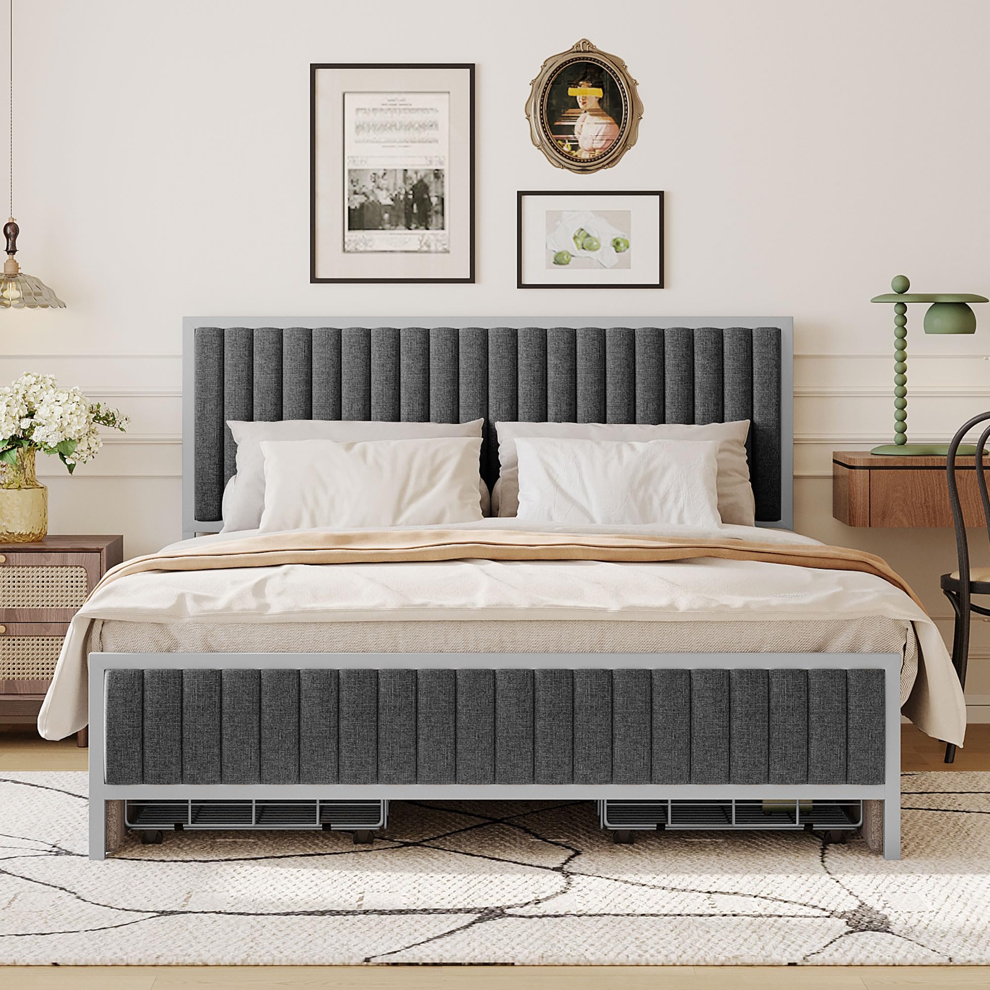 CKLMMC Morden Upholstered Platform Bed Frame with 4 Drawers,Sturdy Built-in Metal Slat Support,Queen Size Platform Bed for Bedroom,Living Room (Gray+Linen Fabric1, Queen)