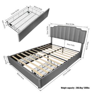 MegaChunk Queen Size Upholstered Linen Platform Bed Frame with 2 Under-Bed Drawers, Padded Headboard with Rivets Design, Strong Bed Slats System, No Box Spring Needed, Grey