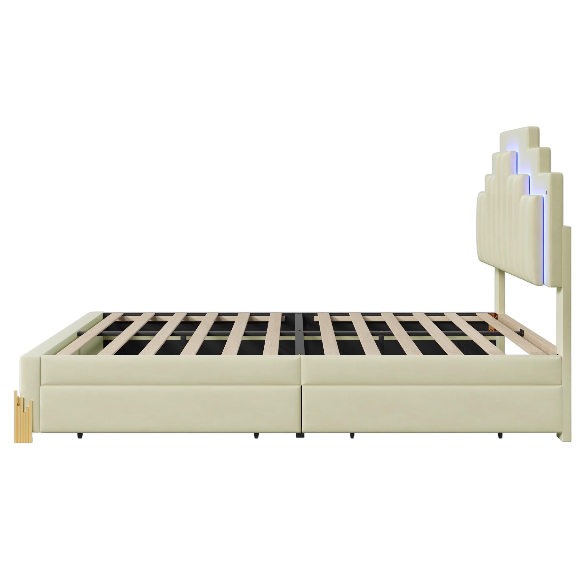 JIVOIT Full Size Upholstered Platform Bed with 4 Drawers, Modern LED Light Platform Bed Frame, Stylish Irregular Metal Bed Legs Design, Upholstered Storage Bed for Kids Teens (Beige,Full,Metal Legs)