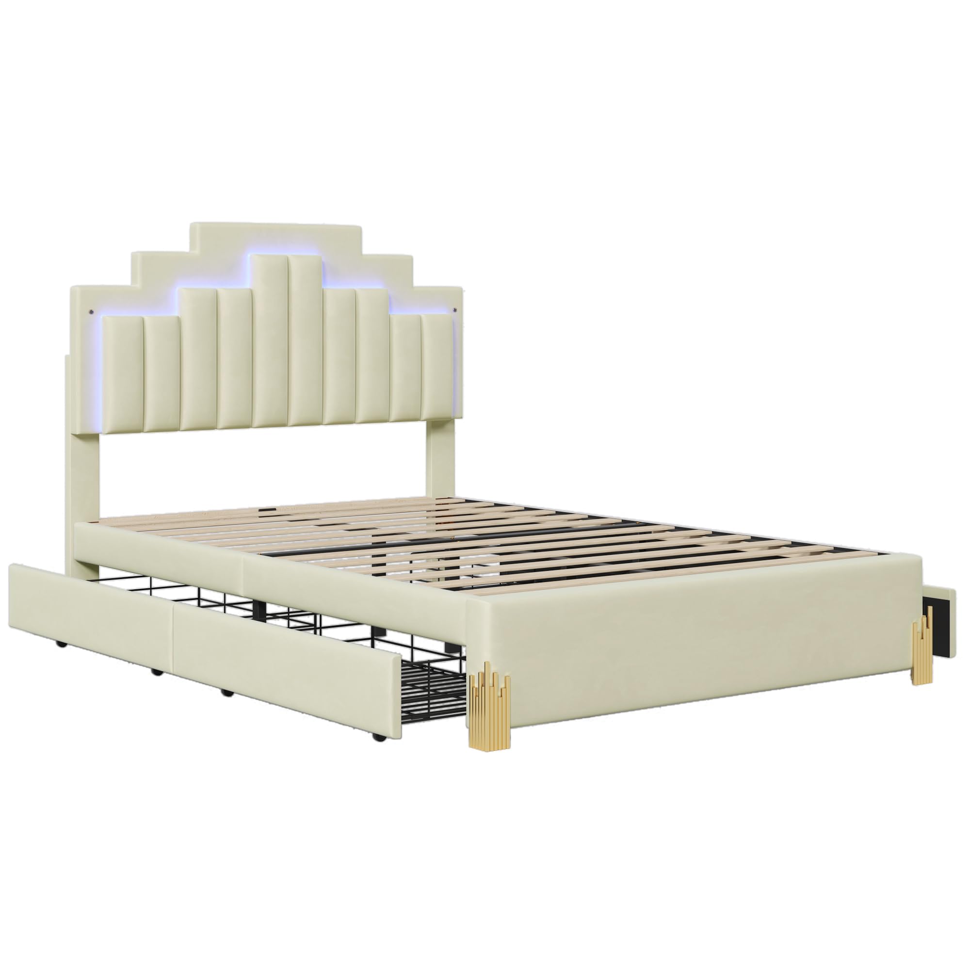 JIVOIT Full Size Upholstered Platform Bed with 4 Drawers, Modern LED Light Platform Bed Frame, Stylish Irregular Metal Bed Legs Design, Upholstered Storage Bed for Kids Teens (Beige,Full,Metal Legs)