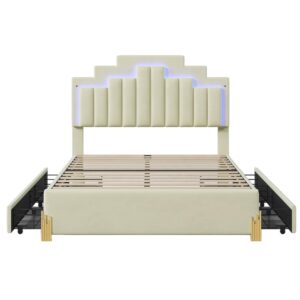 JIVOIT Full Size Upholstered Platform Bed with 4 Drawers, Modern LED Light Platform Bed Frame, Stylish Irregular Metal Bed Legs Design, Upholstered Storage Bed for Kids Teens (Beige,Full,Metal Legs)