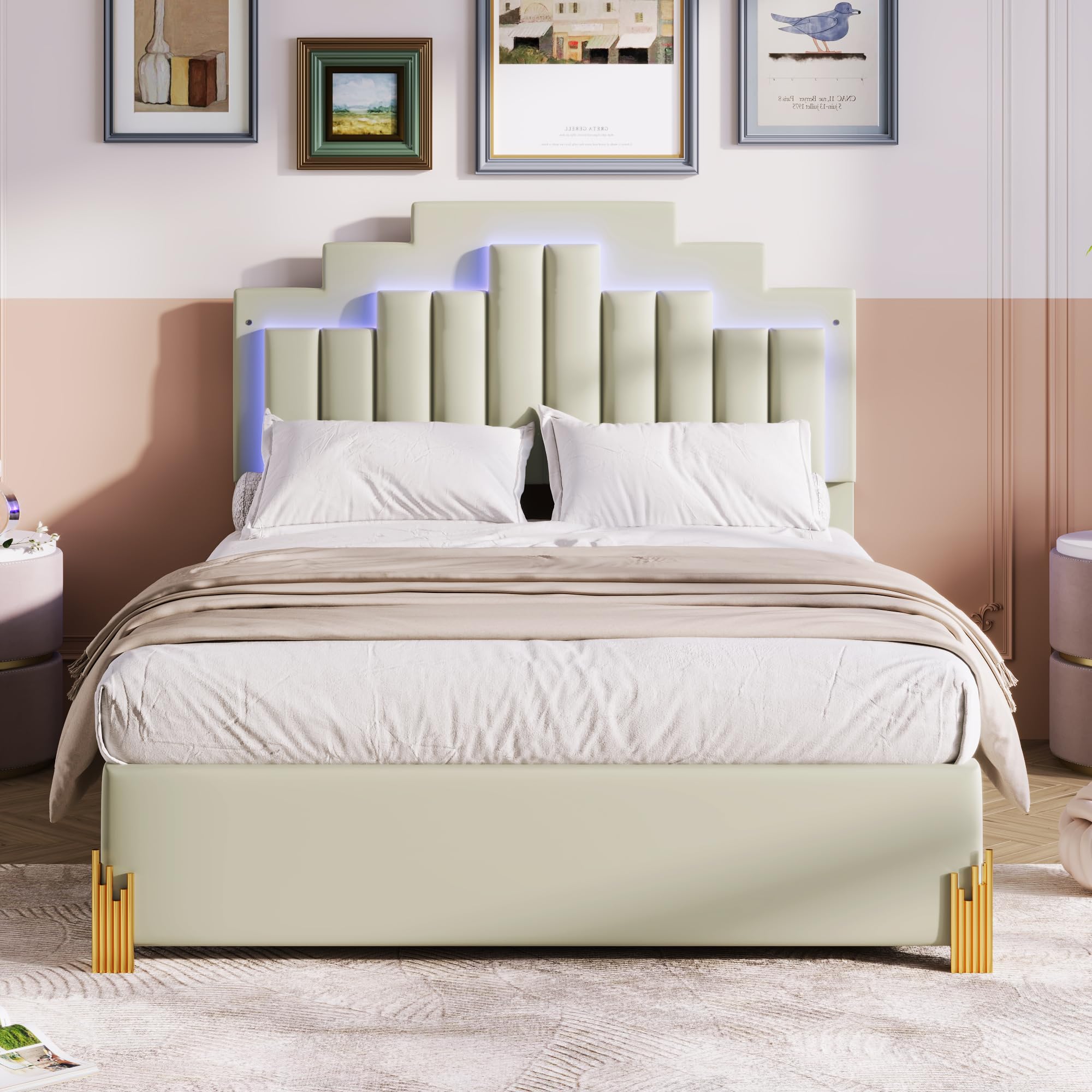 JIVOIT Full Size Upholstered Platform Bed with 4 Drawers, Modern LED Light Platform Bed Frame, Stylish Irregular Metal Bed Legs Design, Upholstered Storage Bed for Kids Teens (Beige,Full,Metal Legs)