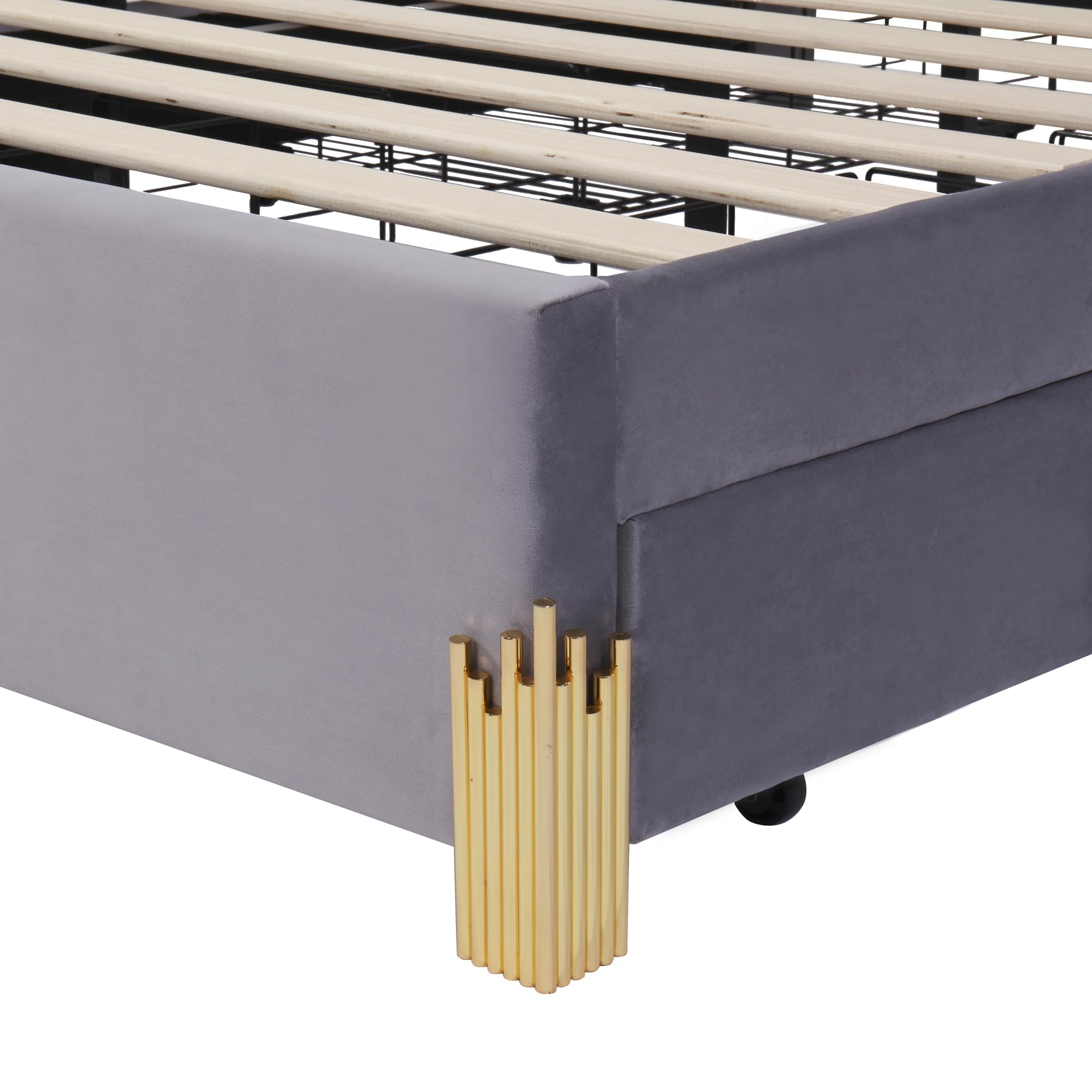 JIVOIT Queen Size Upholstered Platform Bed with 4 Drawers, Modern LED Light Platform Bed Frame, Stylish Irregular Metal Bed Legs Design, Upholstered Storage Bed for Kids Teens (Gray,Queen,Metal Legs)