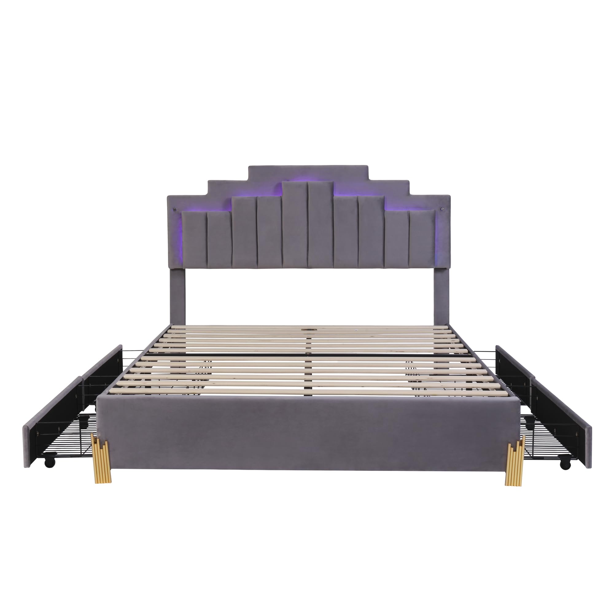 JIVOIT Queen Size Upholstered Platform Bed with 4 Drawers, Modern LED Light Platform Bed Frame, Stylish Irregular Metal Bed Legs Design, Upholstered Storage Bed for Kids Teens (Gray,Queen,Metal Legs)