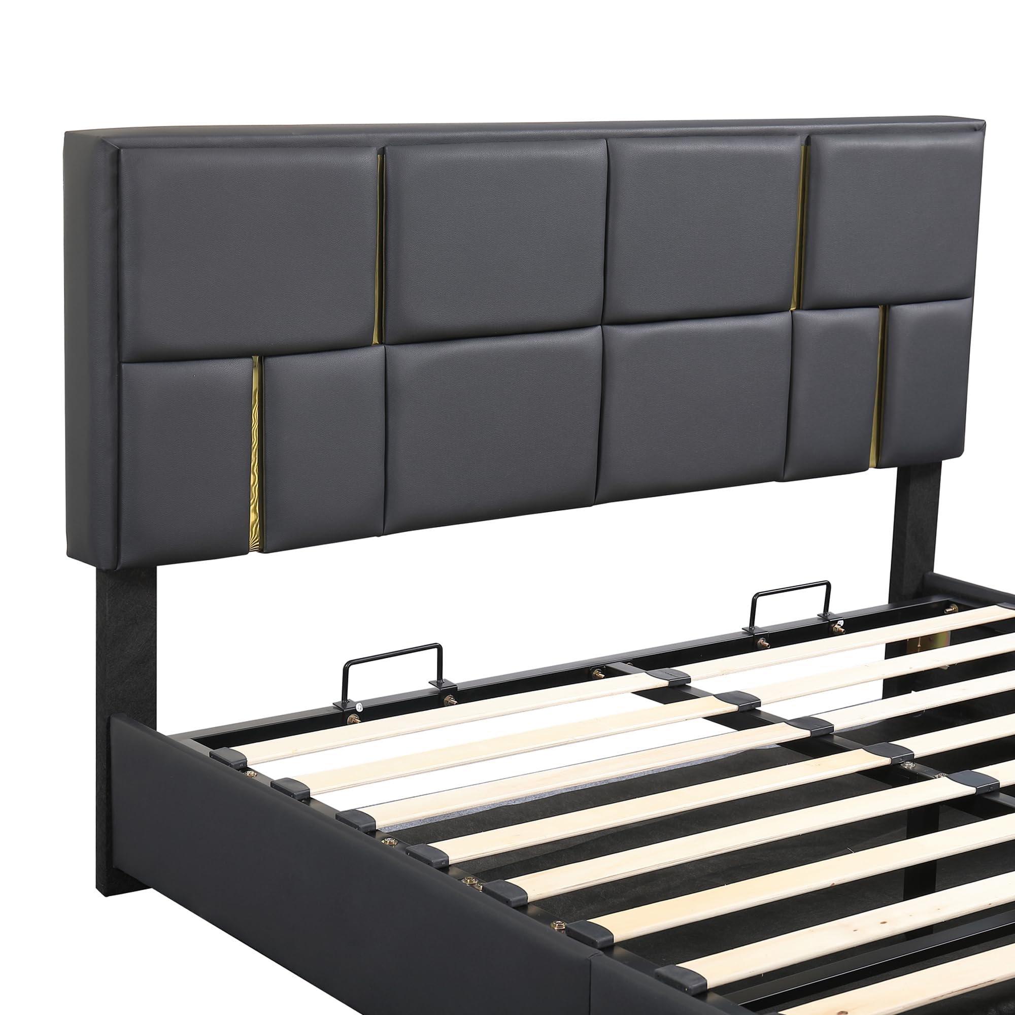 VilroCaz Queen Size Upholstered Platform Bed with Hydraulic Storage System, PU Upholstered Platform Bed with Gold Decoration Headboard, No Box Spring Needed (Black-M/PU)
