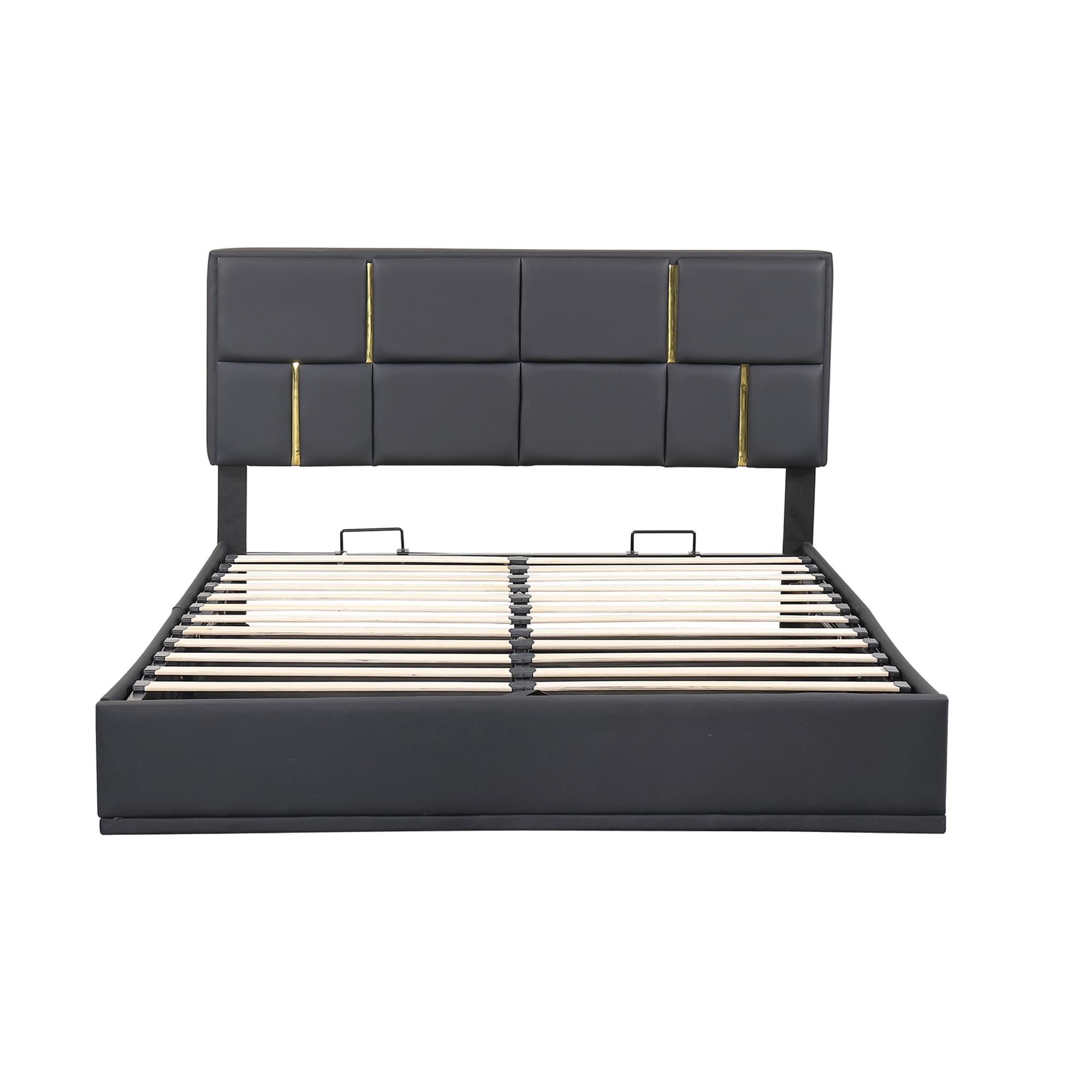 VilroCaz Queen Size Upholstered Platform Bed with Hydraulic Storage System, PU Upholstered Platform Bed with Gold Decoration Headboard, No Box Spring Needed (Black-M/PU)