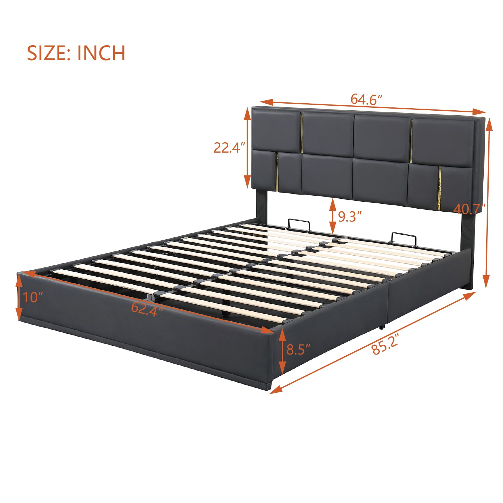 VilroCaz Queen Size Upholstered Platform Bed with Hydraulic Storage System, PU Upholstered Platform Bed with Gold Decoration Headboard, No Box Spring Needed (Black-M/PU)