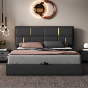 VilroCaz Queen Size Upholstered Platform Bed with Hydraulic Storage System, PU Upholstered Platform Bed with Gold Decoration Headboard, No Box Spring Needed (Black-M/PU)