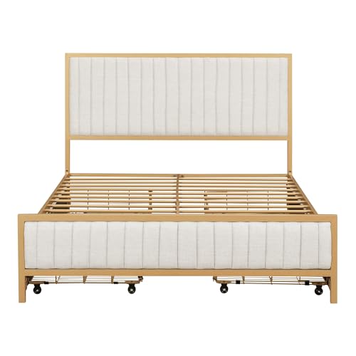 SIYSNKSI Full Size Metal Frame Upholstered Bed with 4 Drawers, Linen Fabric Platform Bed with Metal Slats Support and Headboard, Storage Platform Bed for Kids Teens Bedroom (Beige + Linen-C14)