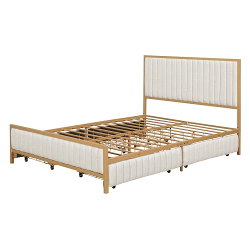 SIYSNKSI Full Size Metal Frame Upholstered Bed with 4 Drawers, Linen Fabric Platform Bed with Metal Slats Support and Headboard, Storage Platform Bed for Kids Teens Bedroom (Beige + Linen-C14)