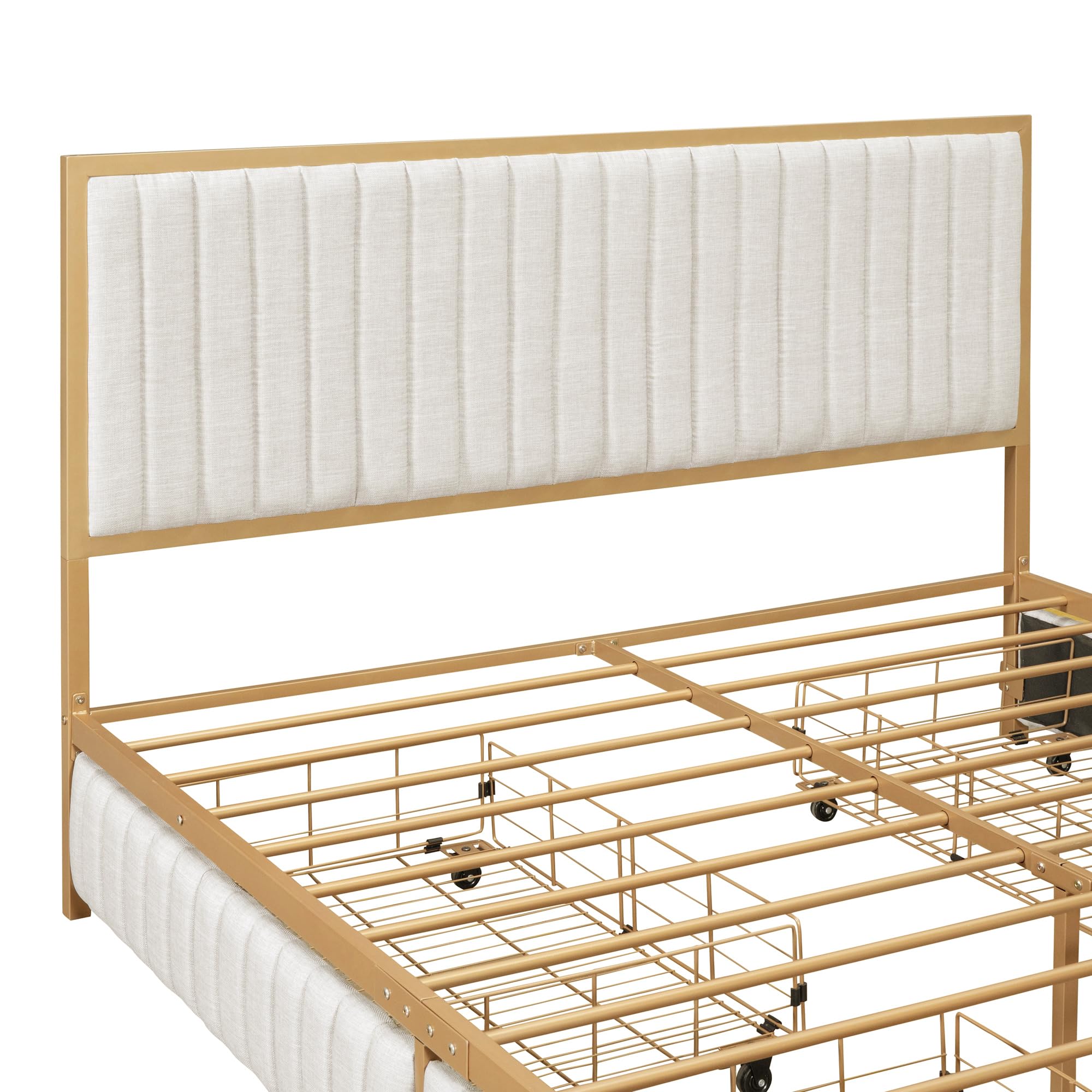 SIYSNKSI Queen Size Metal Frame Upholstered Bed with 4 Drawers, Linen Fabric Platform Bed with Metal Slats Support and Headboard, Storage Platform Bed for Kids Teens Bedroom (Beige + Linen-39)