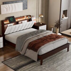 hzxinkedzsw full size platform bed with usb charging station and storage upholstered headboard,wooden bed frame with led lights for kids teens adults,no box spring needed (walnut+beige, full)