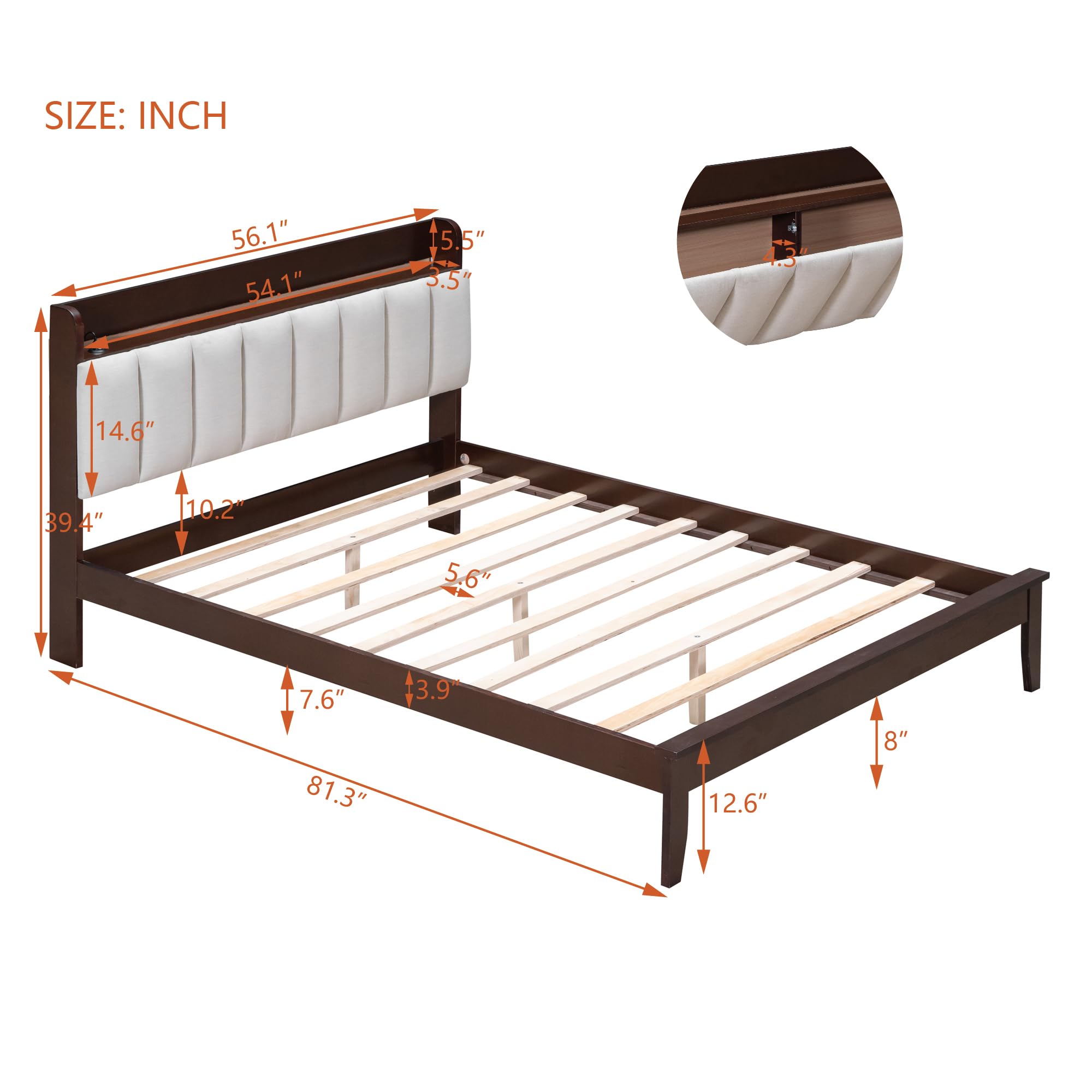 HZXINKEDZSW Full Size Platform Bed with USB Charging Station and Storage Upholstered Headboard,Wooden Bed Frame with LED Lights for Kids Teens Adults,No Box Spring Needed (Walnut+Beige, Full)