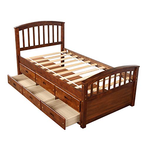 BOVZA Twin Size Platform Bed Frame, Wooden Storage Bed with Headboard and Footboard, 6 Storage Drawers, for Bedroom, Walnut