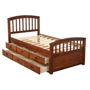 BOVZA Twin Size Platform Bed Frame, Wooden Storage Bed with Headboard and Footboard, 6 Storage Drawers, for Bedroom, Walnut