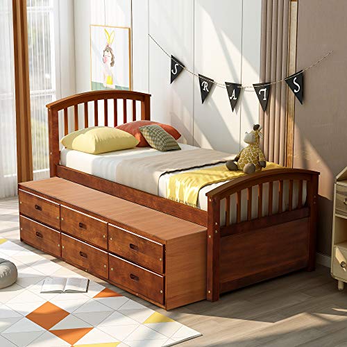 BOVZA Twin Size Platform Bed Frame, Wooden Storage Bed with Headboard and Footboard, 6 Storage Drawers, for Bedroom, Walnut