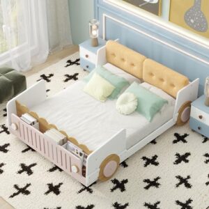 full size classic car-shaped platform bed with soft cushion and shelves on the footboard, solid wood platform bed frame with wheels and support slats for kids boys girls teens adults