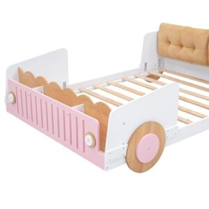 Full Size Classic Car-Shaped Platform Bed with Soft Cushion and Shelves On The Footboard, Solid Wood Platform Bed Frame with Wheels and Support Slats for Kids Boys Girls Teens Adults