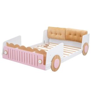 Full Size Classic Car-Shaped Platform Bed with Soft Cushion and Shelves On The Footboard, Solid Wood Platform Bed Frame with Wheels and Support Slats for Kids Boys Girls Teens Adults