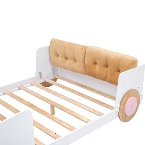 Full Size Classic Car-Shaped Platform Bed with Soft Cushion and Shelves On The Footboard, Solid Wood Platform Bed Frame with Wheels and Support Slats for Kids Boys Girls Teens Adults