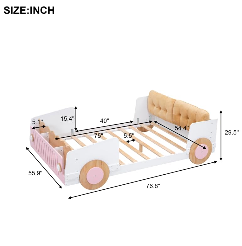 Full Size Classic Car-Shaped Platform Bed with Soft Cushion and Shelves On The Footboard, Solid Wood Platform Bed Frame with Wheels and Support Slats for Kids Boys Girls Teens Adults