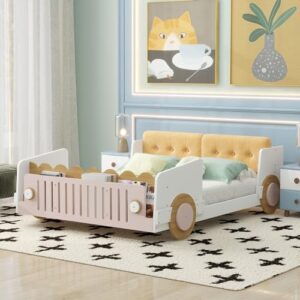 Full Size Classic Car-Shaped Platform Bed with Soft Cushion and Shelves On The Footboard, Solid Wood Platform Bed Frame with Wheels and Support Slats for Kids Boys Girls Teens Adults