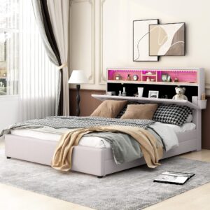 Queen Size Upholstered Platform Bed with Storage Headboard and 2 Drawers,Linen Fabric Platform Bed Wood Bed Frame with LED,USB Port and Hidden Storage for Kids Adult Bedroom (Beige, Queen)